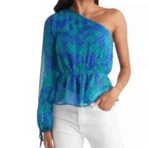 NWT Vici Collection One Shoulder Peplum Puff Sleeve Blue Green Top Size Small